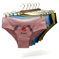 跨境外贸内裤女 性感情趣蕾丝腰头纯欲印花棉女式三角裤